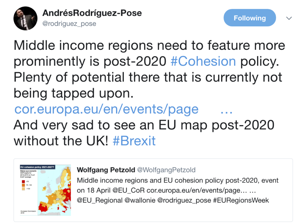 Le regioni della UE con reddito medio devono essere maggiormente in evidenza nella politica di coesione post-2020. Sono ricche di un potenziale che al momento non viene sfruttato. Ed è molto triste vedere una mappa dell'UE post-2020 senza il Regno Unito! #Brexit