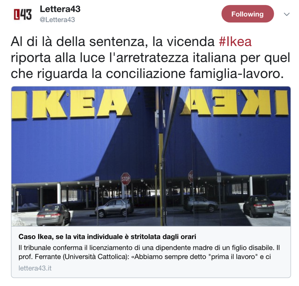 “In Italia la vita privata e famigliare è rimasta stritolata dagli orari di lavoro. Non esistono norme che tutelino nel full time le condizioni individuali, ma solo regolamenti particolari. Gli orari li determina il datore”.