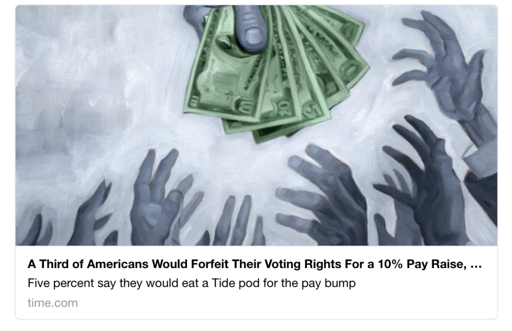 Gli americani che sono lasciati indietro stanno perdendo fede nella democrazia - un terzo rinuncerebbe al proprio diritto di voto per un aumento del 10% dello stipendi. Dobbiamo occuparci della disuguaglianza. Nel corso della storia i demagoghi hanno puntato sulla disperazione per consolidare il proprio potere.