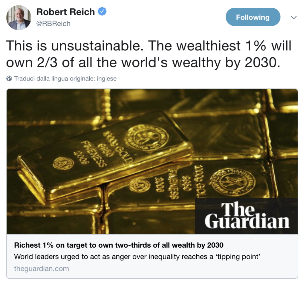 E' insostenibile: l’1% più ricco possiederà 2/3 della ricchezza mondiale entro il 2030.
