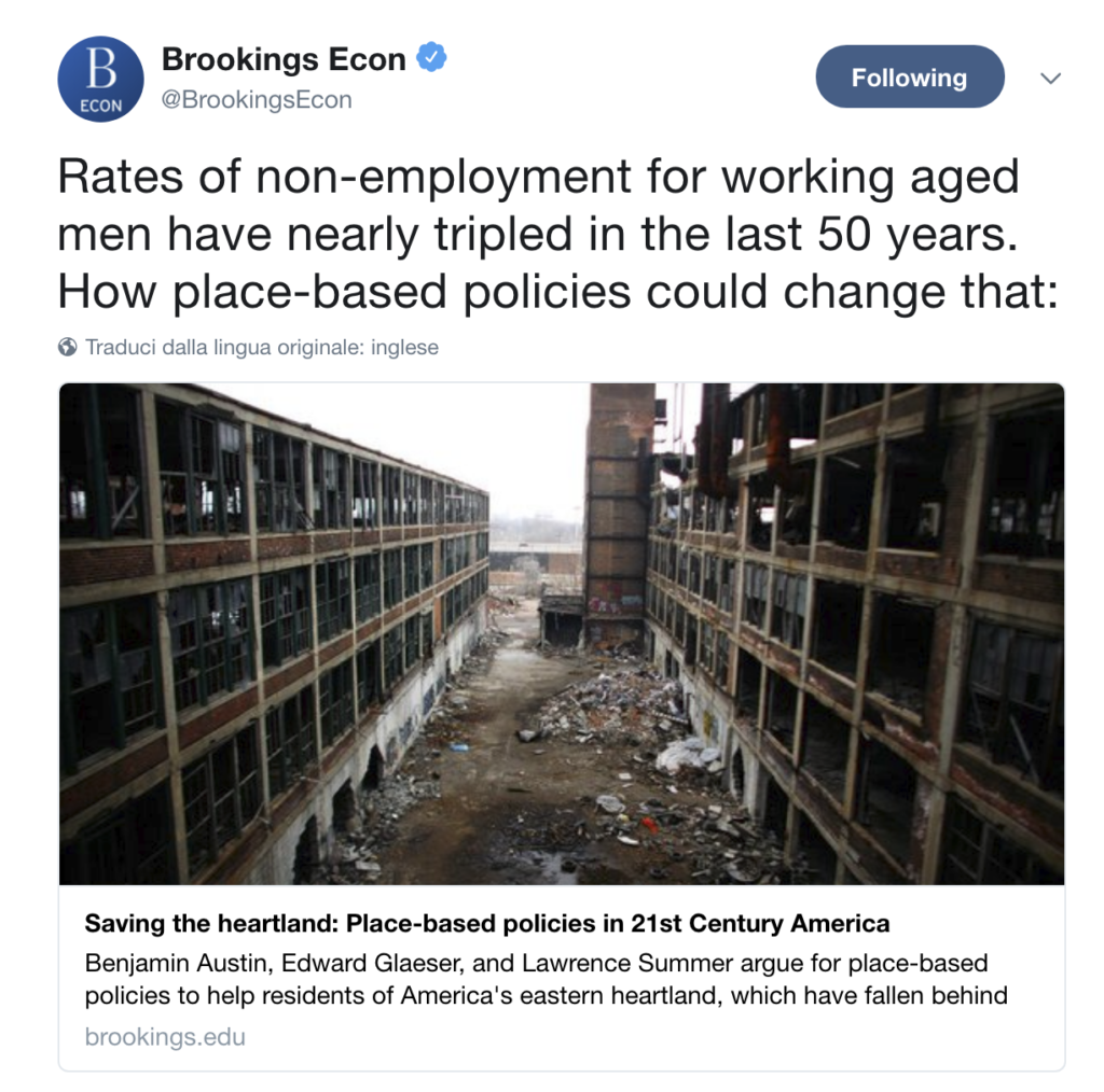 Il tasso di non-occupati tra gli uomini in età da lavoro è quasi triplicato negli ultimi 50 anni (in America). Le politiche place-based potrebbero cambiare questo fenomeno.