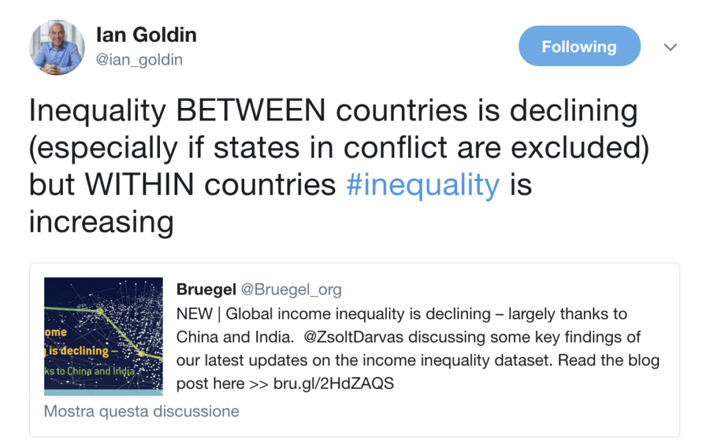 La disuguaglianza FRA paesi si sta riducendo (specie se si escludono gli Stati in guerra) ma la disuguaglianza ALL'INTERNO dei paesi sta crescendo.