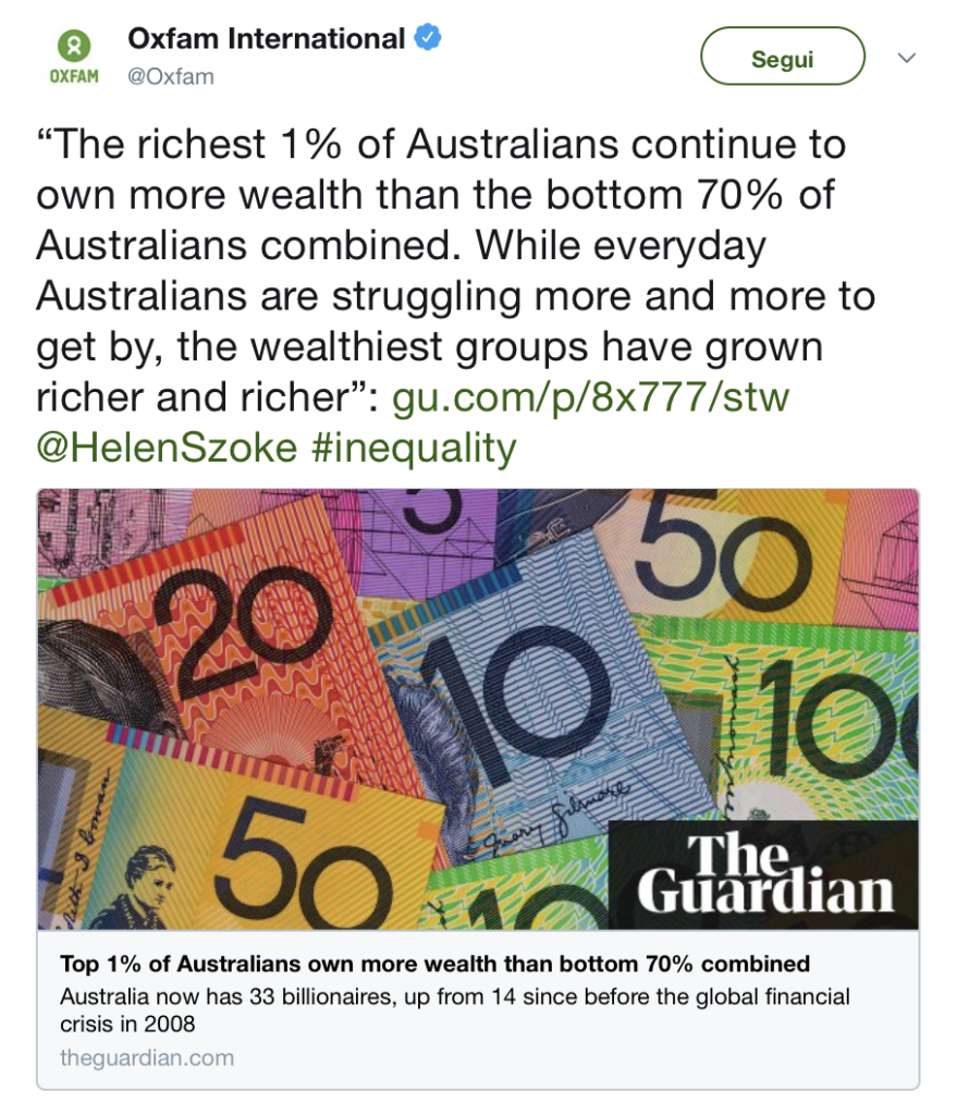 L’1% più ricco degli australiani continua a possedere più ricchezza del 70% più povero. Mentre gli australiani hanno sempre più problemi a tirare avanti giorno per giorno, i più ricchi continuano ad aumentare la loro ricchezza.