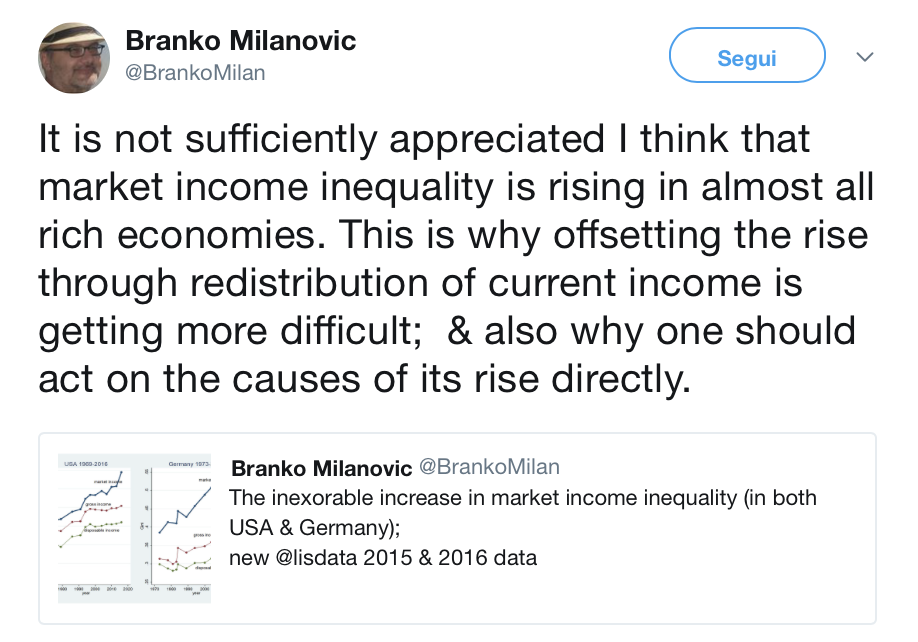 Non si dà sufficiente peso al fatto che la disuguaglianza dei redditi di mercato [prima di pagare tasse e ricevere trasferimenti] sta crescendo in pressoché tutte le economie ricche. È questo il motivo per cui compensare questo incremento con interventi redistributivi sta diventando più difficile; e perchè dovremmo agire direttamente sulle cause di quell'incremento.