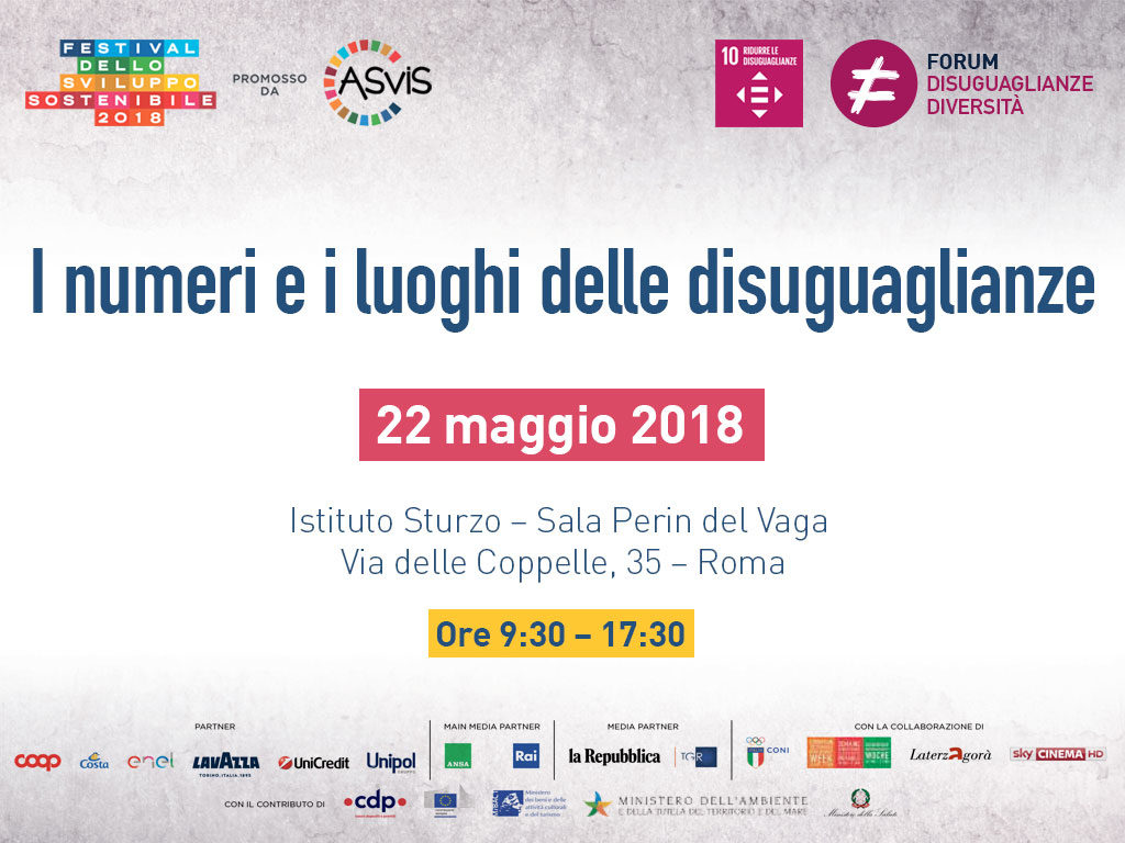 Il 22 maggio presso l'Istituto Sturzo si terrà il seminario “I numeri e i luoghi delle disuguaglianze”, organizzato dal Forum Disuguaglianze Diversità in collaborazione con ASviS, nell’ambito del Festival dello Sviluppo Sostenibile.