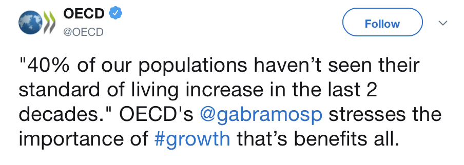 “Per il 40% della popolazione OCSE negli ultimi due decenni non c'è’ stato alcun miglioramento negli standard di vita” Gabriela Ilian Ramos dell'OCSE sottolinea l’importanza di una crescita che giovi a tutti