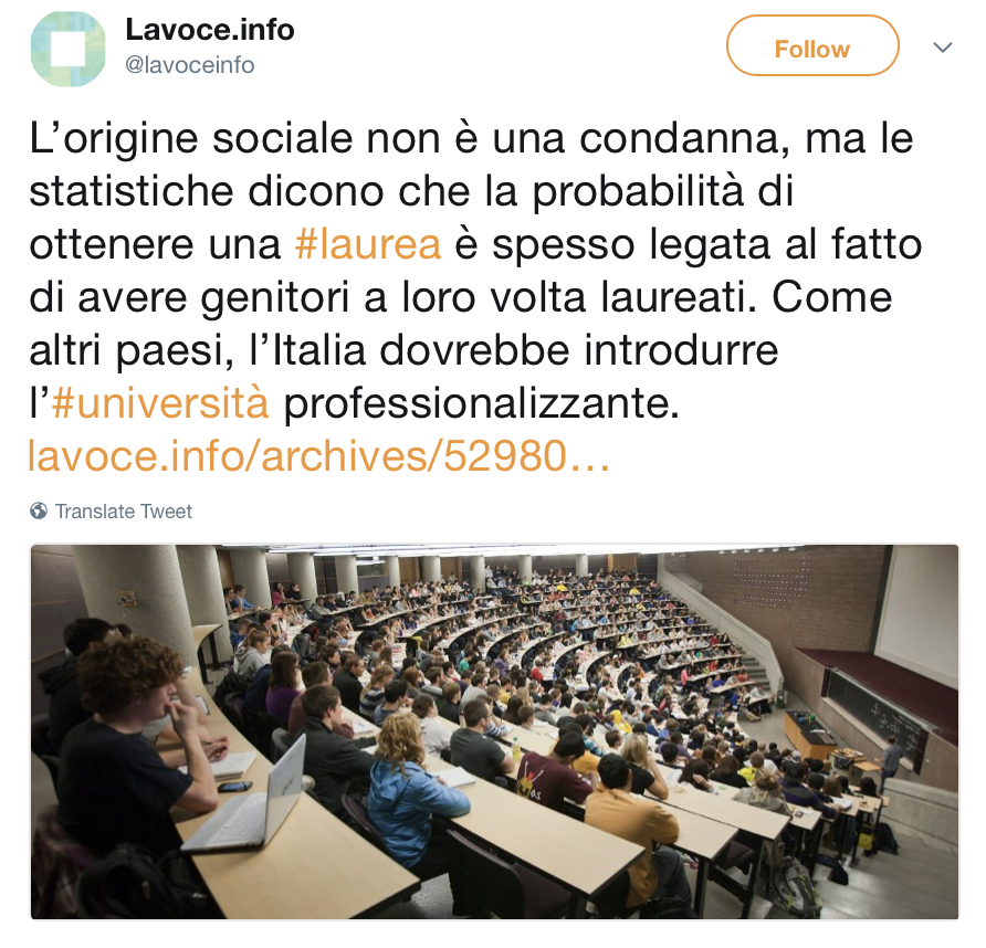 L’origine sociale non è una condanna, ma le statistiche dicono che la probabilità di ottenere una #laurea è spesso legata al fatto di avere genitori a loro volta laureati. Come altri paesi, l’Italia dovrebbe introdurre l’#università professionalizzante.