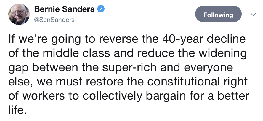 Se vogliamo interrompere il declino della classe media osservato negli ultimi 40 anni, invertendo questa tendenza, e ridurre il gap tra i super-ricchi e il resto della popolazione, dobbiamo ripristinare il diritto costituzionale dei lavoratori di negoziare collettivamente per una vita migliore.