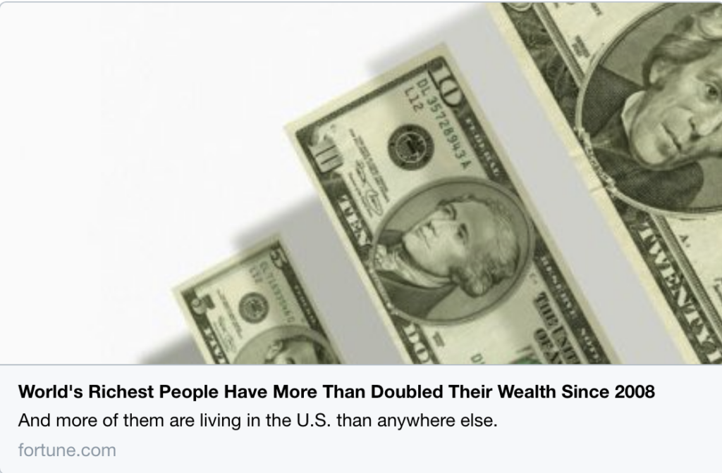 Le persone più ricche del mondo hanno più che raddoppiato la loro ricchezza dal 2008. Pensano che l'economia funzioni perché funziona per loro. Possiamo proporre qualcosa di meglio di questa economia in frantumi: #fightinequality
