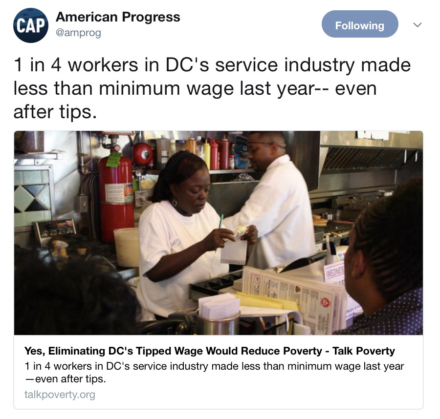 Un lavoratore su 4 nell’industria dei servizi a Washington DC ha guadagnato - incluse le mance - meno del salario minimo l’anno scorso.