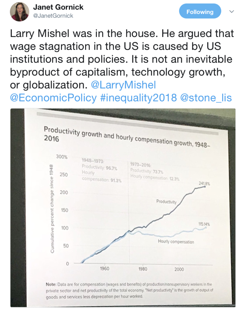 Secondo Larry Mishel la stagnazione dei salari negli Stati Uniti è causata dalle istituzioni e dalle politiche. Non è il risultato inevitabile del capitalismo, del cambiamento tecnologico o della globalizzazione