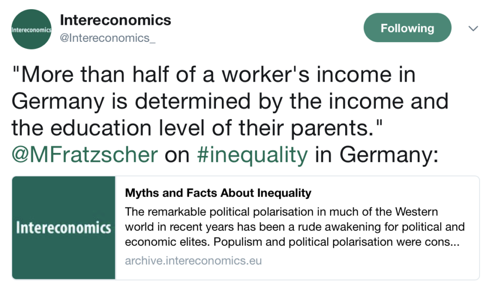 “ Più della metà del reddito dei lavoratori in Germania è  determinato dal reddito e dal livello di istruzione dei genitori” @MFratzscher sulla disuguaglianza in Germania