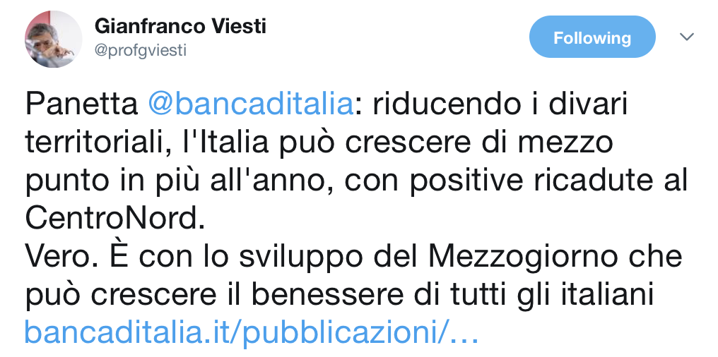 Panetta ⁦@bancaditalia⁩: riducendo i divari territoriali, l'Italia può crescere di mezzo punto in più all'anno, con positive ricadute al CentroNord. Vero. È con lo sviluppo del Mezzogiorno che può crescere il benessere di tutti gli italiani.