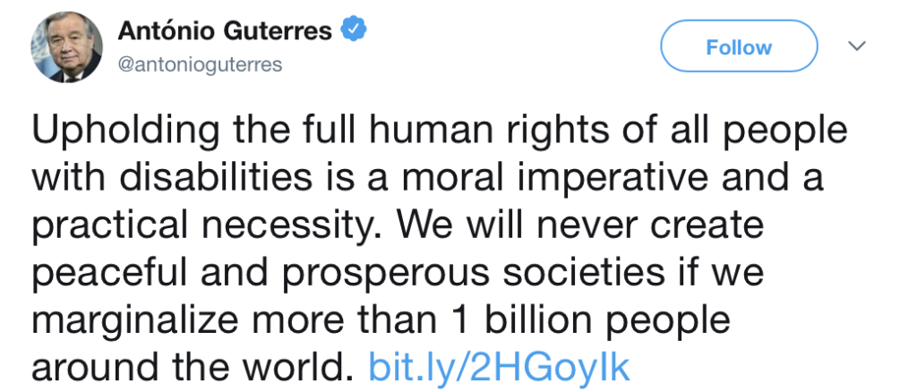 Sostenere i diritti umani di tutte le persone con disabilità è un imperativo morale e una necessità pratica. Non creeremo mai società prospere e pacifiche se marginalizziamo più di 1 milione di persone nel mondo.