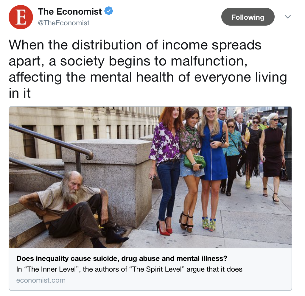 Quando la distribuzione del reddito è troppo diseguale, la società inizia a funzionare male, influenzando la salute mentale di tutti quelli che vi vivono.