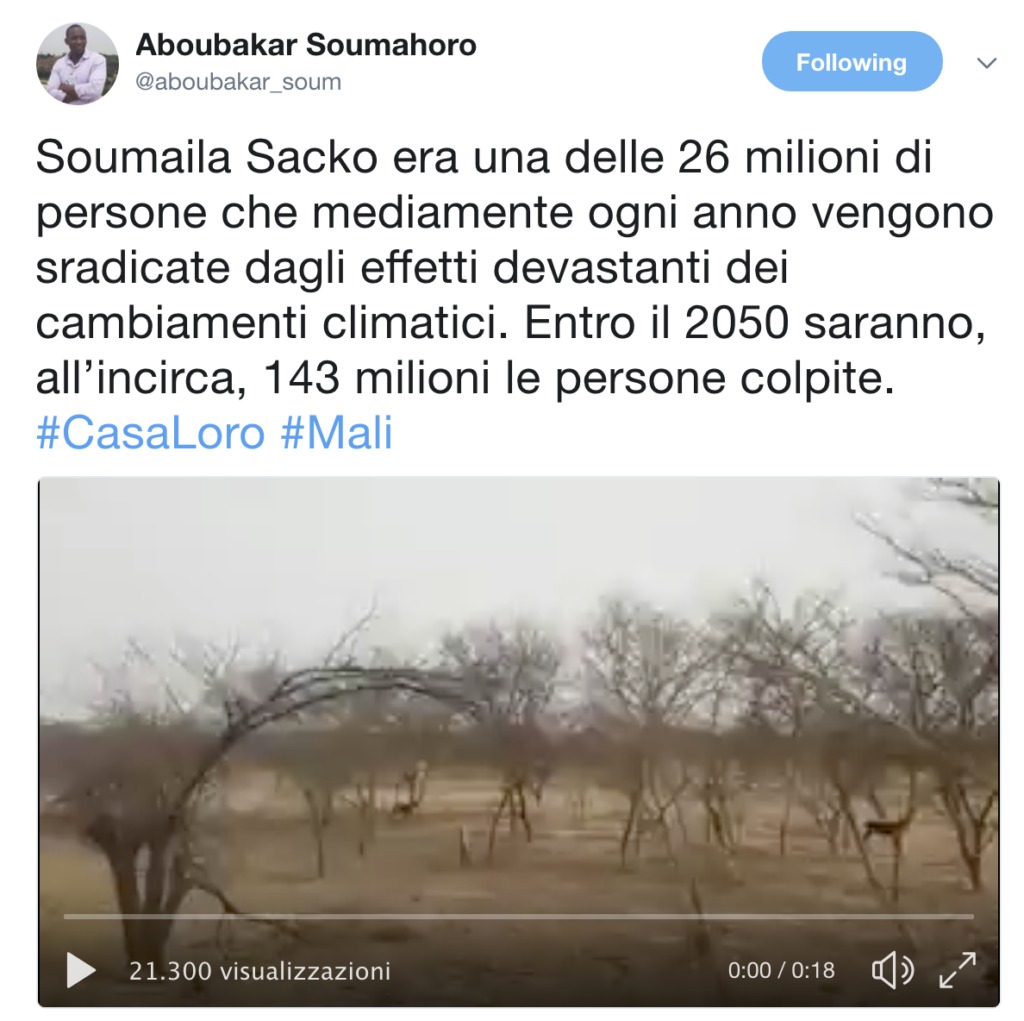 Soumaila Sacko era una delle 26 milioni di persone che mediamente ogni anno vengono sradicate dagli effetti devastanti dei cambiamenti climatici. Entro il 2050 saranno, all’incirca, 143 milioni le persone colpite. #CasaLoro #Mali