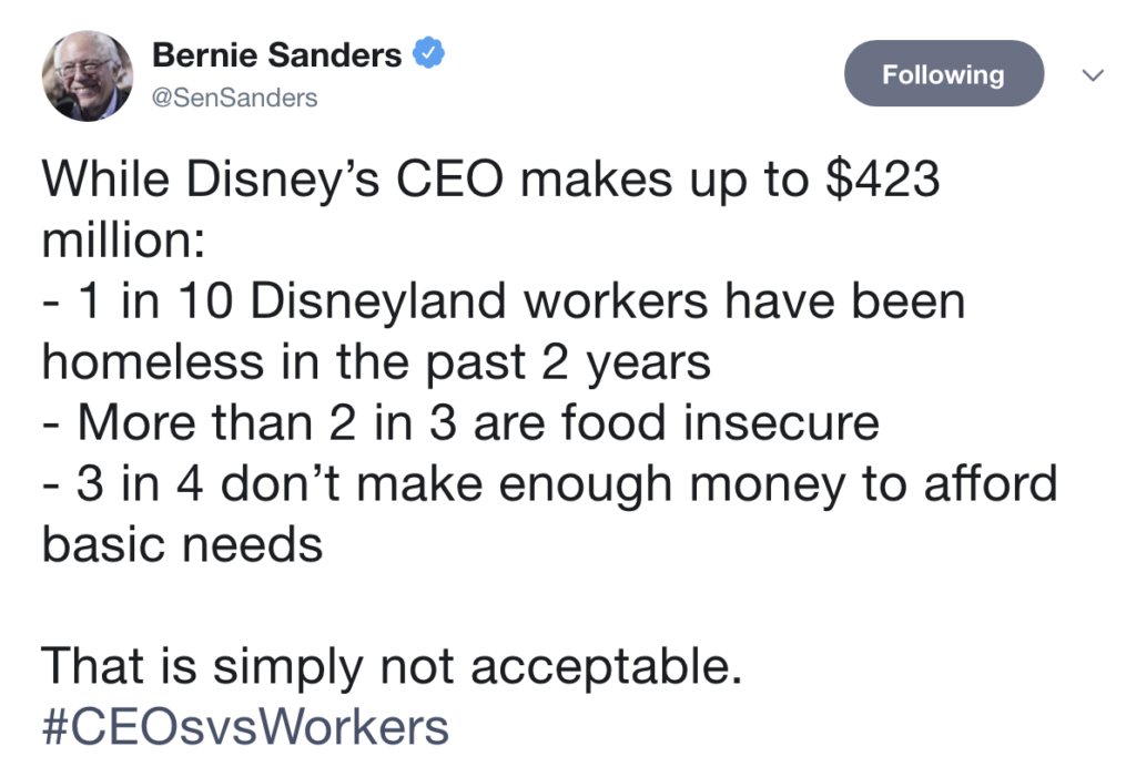Mentre il CEO di Disney guadagna $ 423 milioni:
- 1 lavoratore di Disneyland su 10 ha vissuto come senzatetto negli ultimi 2 anni
- Più di 2 persone su 3 sono in condizioni di insicurezza alimentare
- 3 su 4 non guadagnano abbastanza per far fronte ai bisogni di base
Questo semplicemente non è accettabile. #CEOsvsWorkers