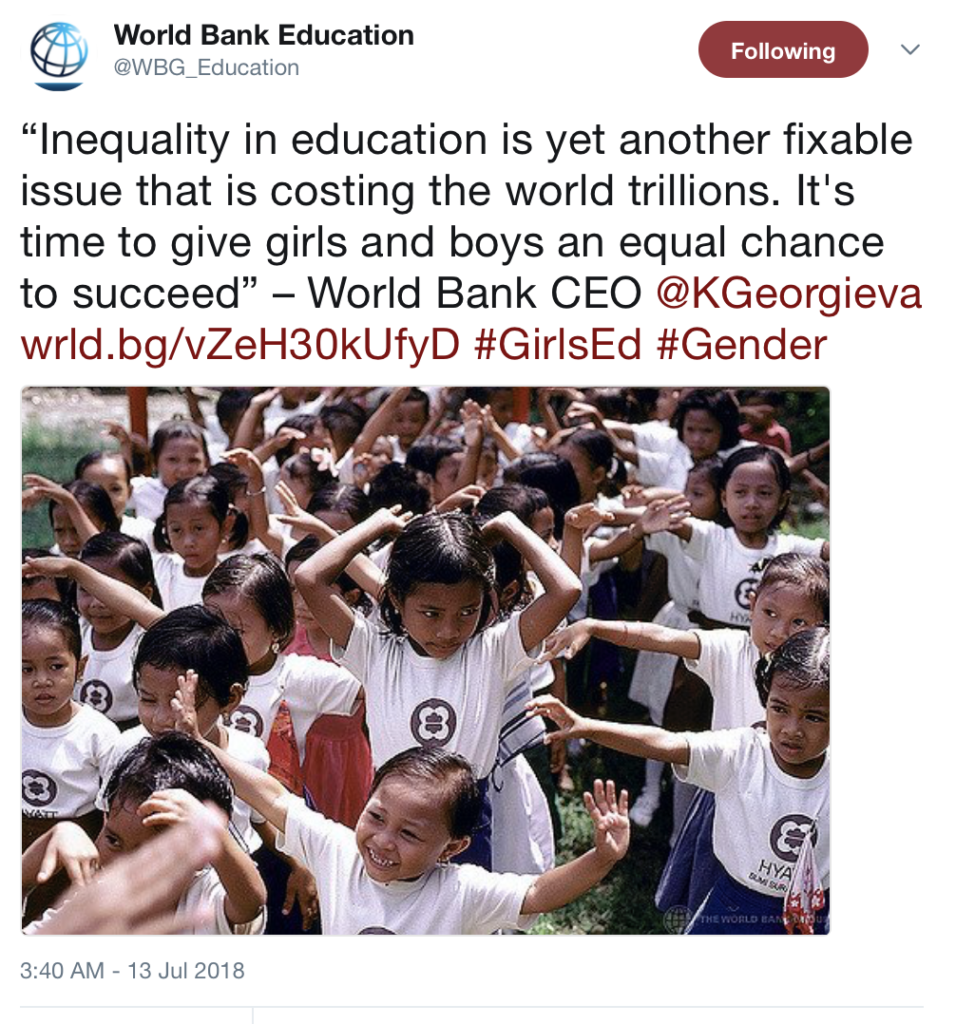 “La disuguaglianza in istruzione e’ un’altra di quelle questioni risolvibili che sta costando al mondo miliardi. E’ ora di dare alle ragazze e ai ragazzi la stessa possibilità di avere successo” - World Bank CEO @KGeorgieva