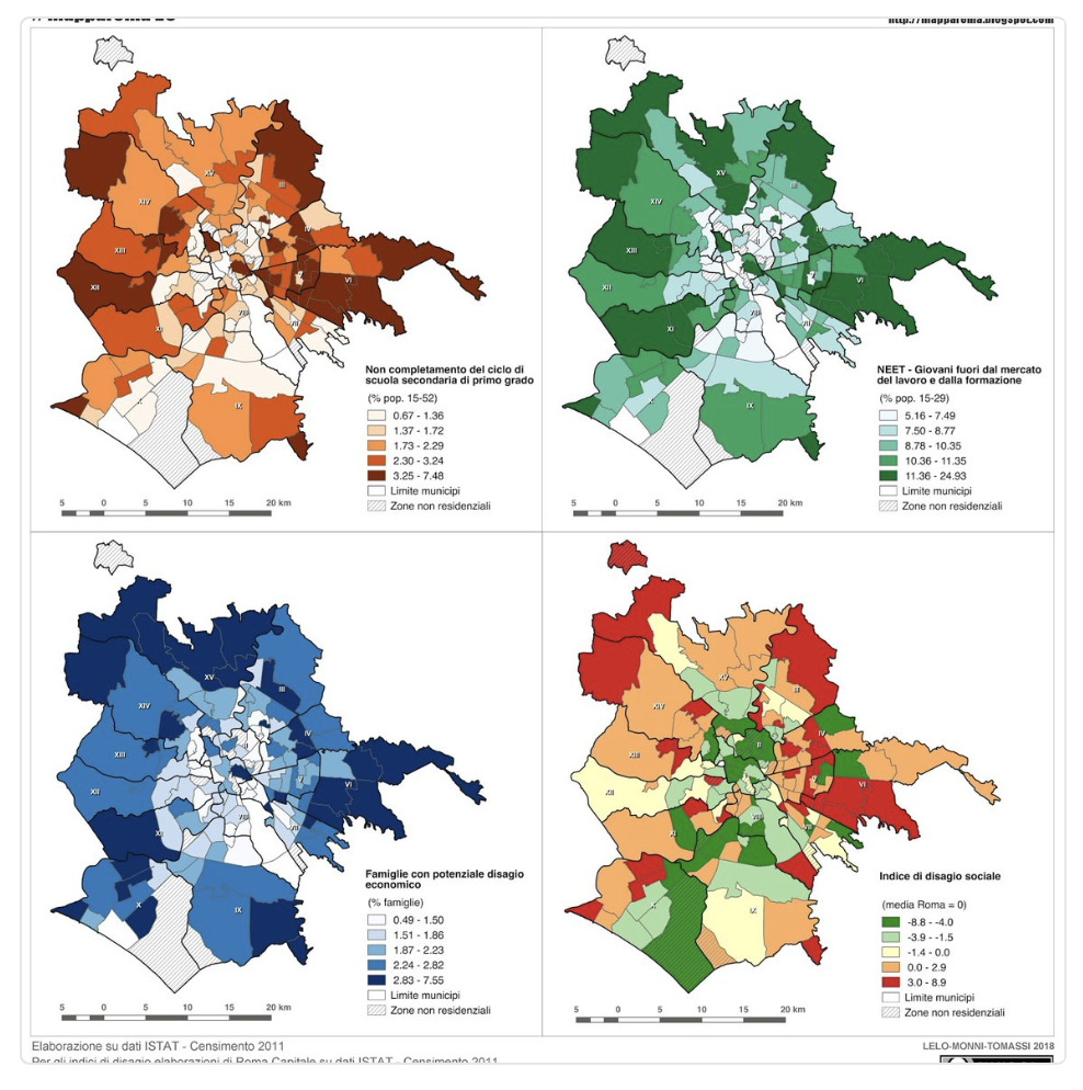 A #Roma il tasso #NEET  ossia i giovani tra 15 e 29 anni che non studiano, non fanno formazione e non sono sul mercato del lavoro raggiunge il massimo a Grotta Rossa Ovest (25%) e il minimo a Eur e Celio (poco più del 5%).