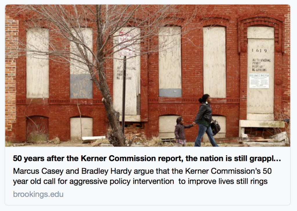 “La segregazione razziale è ancora una caratteristica distintiva di molte città americane: le persone di colore hanno ancora tassi di occupazione e salari più bassi; e persistono enormi disparità ricchezza, a livelli simili a quelli descritti 5 decadi fa da Kerner e dai suoi colleghi”.