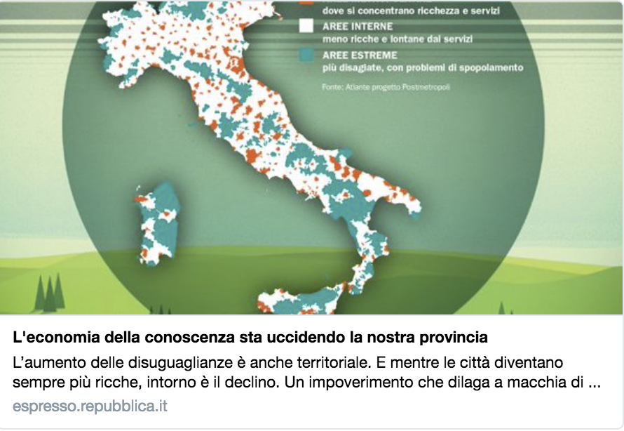L'economia della conoscenza sta uccidendo i territori. Mentre le città diventano sempre più ricche, intorno c’è il declino e aumentano le diseguaglianze. Un impoverimento che dilaga a macchia di leopardo, dal nord al Mezzogiorno.