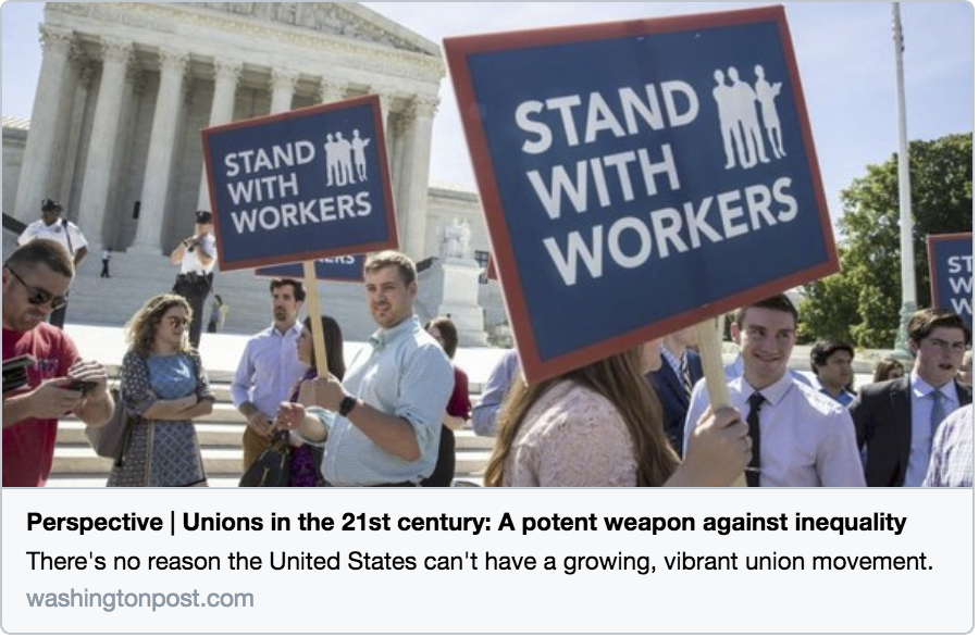 Oltre a responsabilizzare i lavoratori sul posto di lavoro, i sindacati svolgono un ruolo centrale nel guidare le iniziative politiche per garantire che tutti beneficino del benessere, esattamente l'effetto opposto della crescente disuguaglianza.