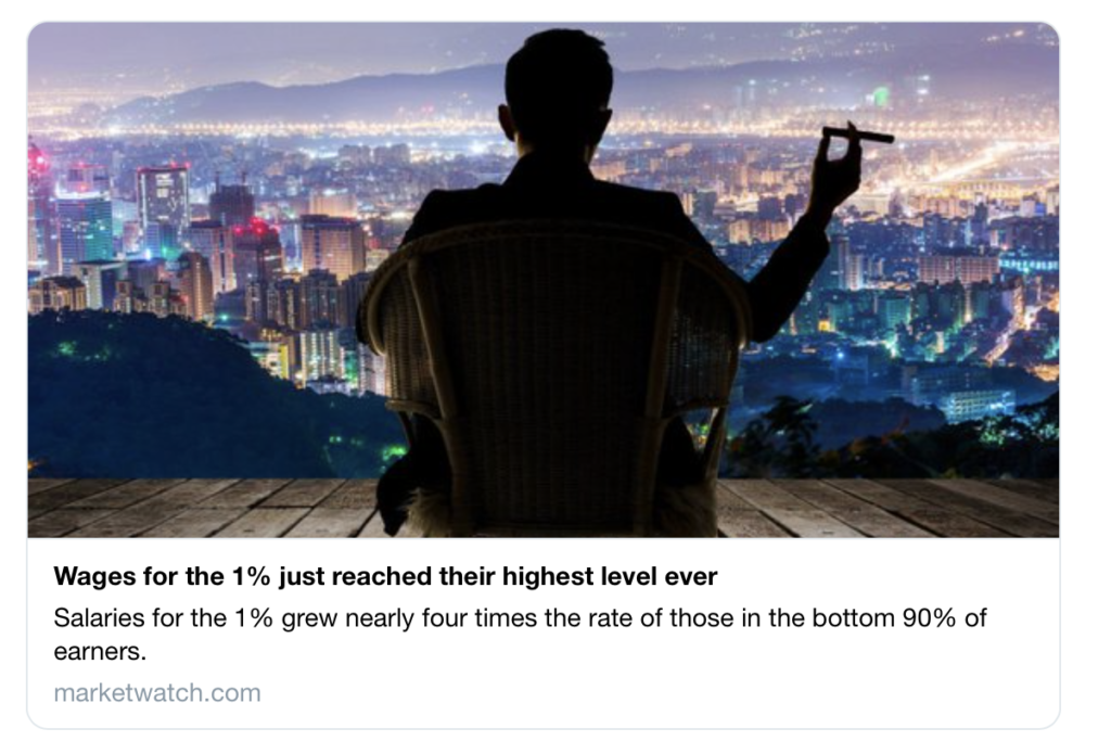 I salari del top-1% sono aumentati quasi quattro volte quello dei lavoratori che si trovano nel bottom-90%