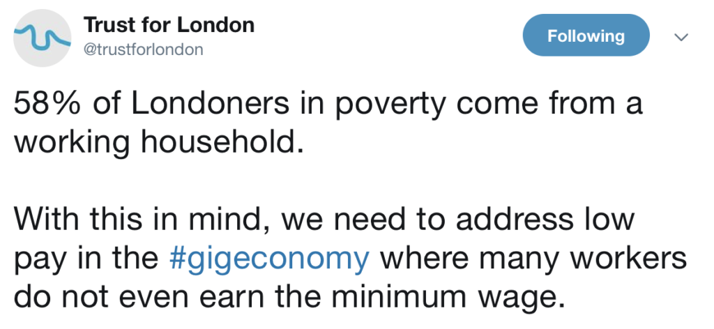 Il 58% dei londinesi poveri vive in una famiglia in cui si lavora. Pensando a questo, dobbiamo affrontare il problema dei bassi salari nella gig economy dove molti lavoratori non guadagnano neanche il salario minimo.