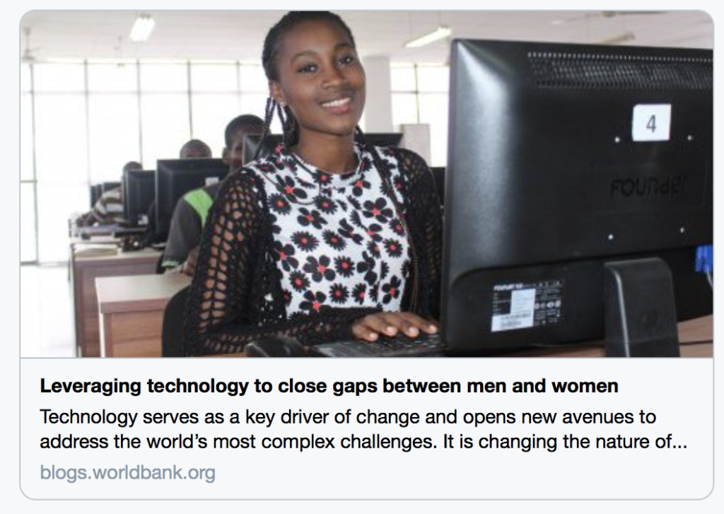 La tecnologia può fornire le opportunità per eliminare il gap tra uomini e donne: può consentire l’accesso ai servizi e alle informazioni, aiutare a ridurre gli effetti dei vincoli di tempo e mobilità e creare opportunità di lavoro in nuovi settori.