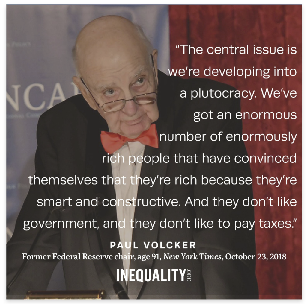 La questione centrale è che ci stiamo trasformando in una plutocrazia. C’è un numero enorme di persone estremamente ricche che si sono convinte di esserlo perché sono intelligenti e produttive. E a queste persone non piace che ci sia un governo e non piace pagare le tasse.