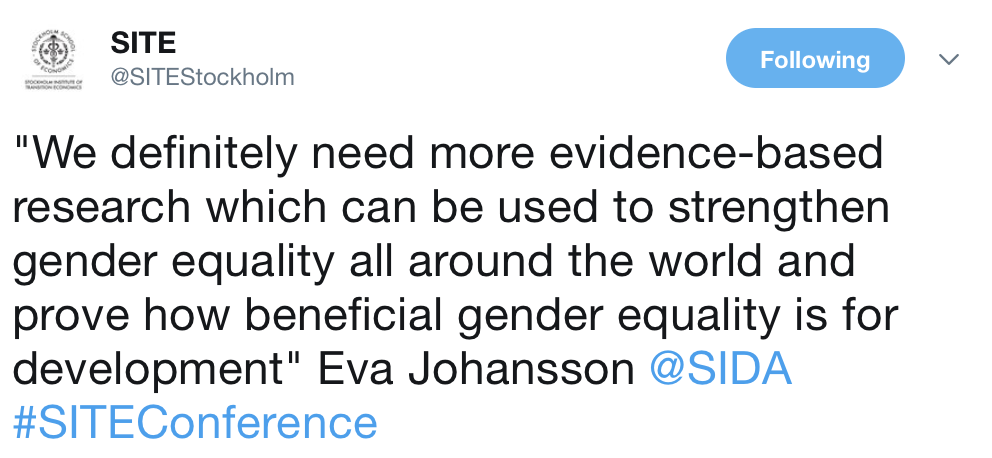 “Abbiamo assolutamente bisogno di più ricerche evidence-based da usare per rafforzare l’uguaglianza di genere nel mondo e dimostrare quanto essa sia vantaggiosa per lo sviluppo” Eva Johansson @SIDA