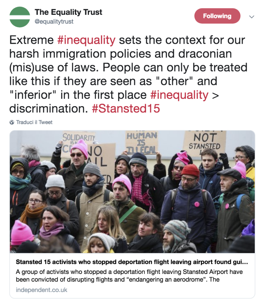 La disuguaglianza estrema crea il contesto per l'adozione di politiche dure sull'immigrazione e l'uso draconiano (errato) delle leggi. Le persone possono essere trattate in questo modo solo se vengono viste come 