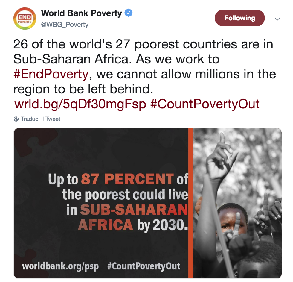 26 dei 27 paesi più poveri del mondo si trovano nell'Africa sub-sahariana. Mentre lavoriamo per sconfiggere la povertà, non possiamo permettere che milioni di persone nella regione vengano lasciate indietro.