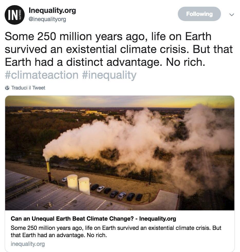 Circa 250 milioni di anni fa, la vita sulla Terra riuscì a sopravvivere a una crisi climatica esistenziale. Ma la Terra a quel tempo aveva un netto vantaggio. Non c'erano ricchi. #climateaction #inequality