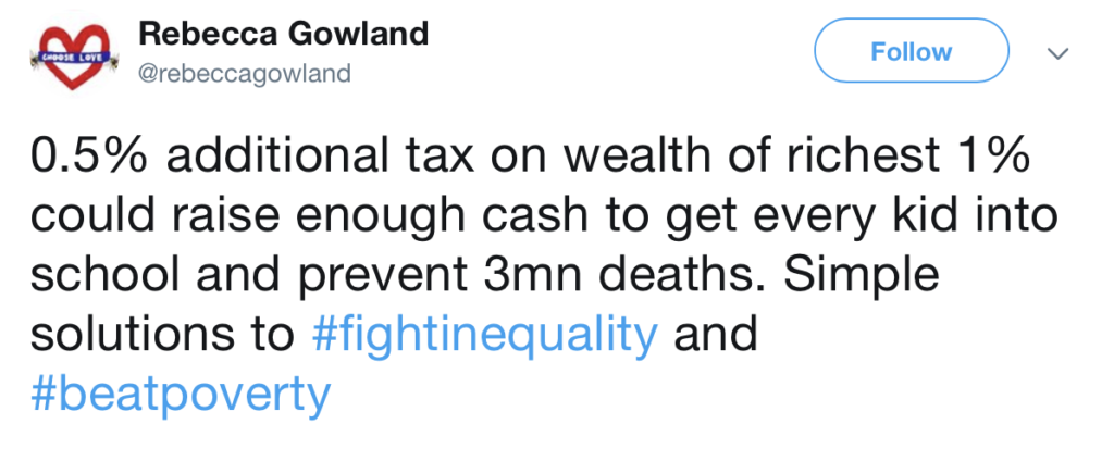 Una tassa dello 0,5% sulla ricchezza dell’1% più ricco potrebbe generare entrate a sufficienza per far andare tutti i bambini a scuola e prevenire 3 milioni di morti. Soluzioni semplici per combattere la disuguaglianza e sconfiggere la povertà