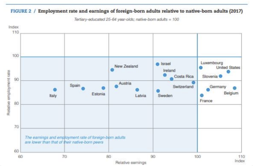 Gli adulti nati all'estero possono essere più istruiti rispetto agli adulti nativi, ma hanno maggiori probabilità di avere peggiori risultati nel mercato del lavoro, compresi guadagni più bassi.