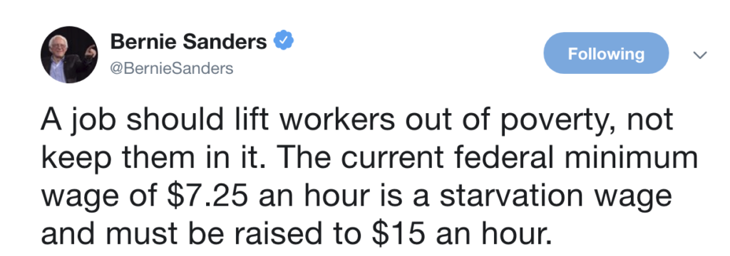 Avere un'occupazione dovrebbe tirare fuori i lavoratori da una condizione di povertà, non tenerceli dentro. L'attuale salario minimo federale di 7,25 dollari l'ora è un salario da fame e deve essere portato a 15 dollari.