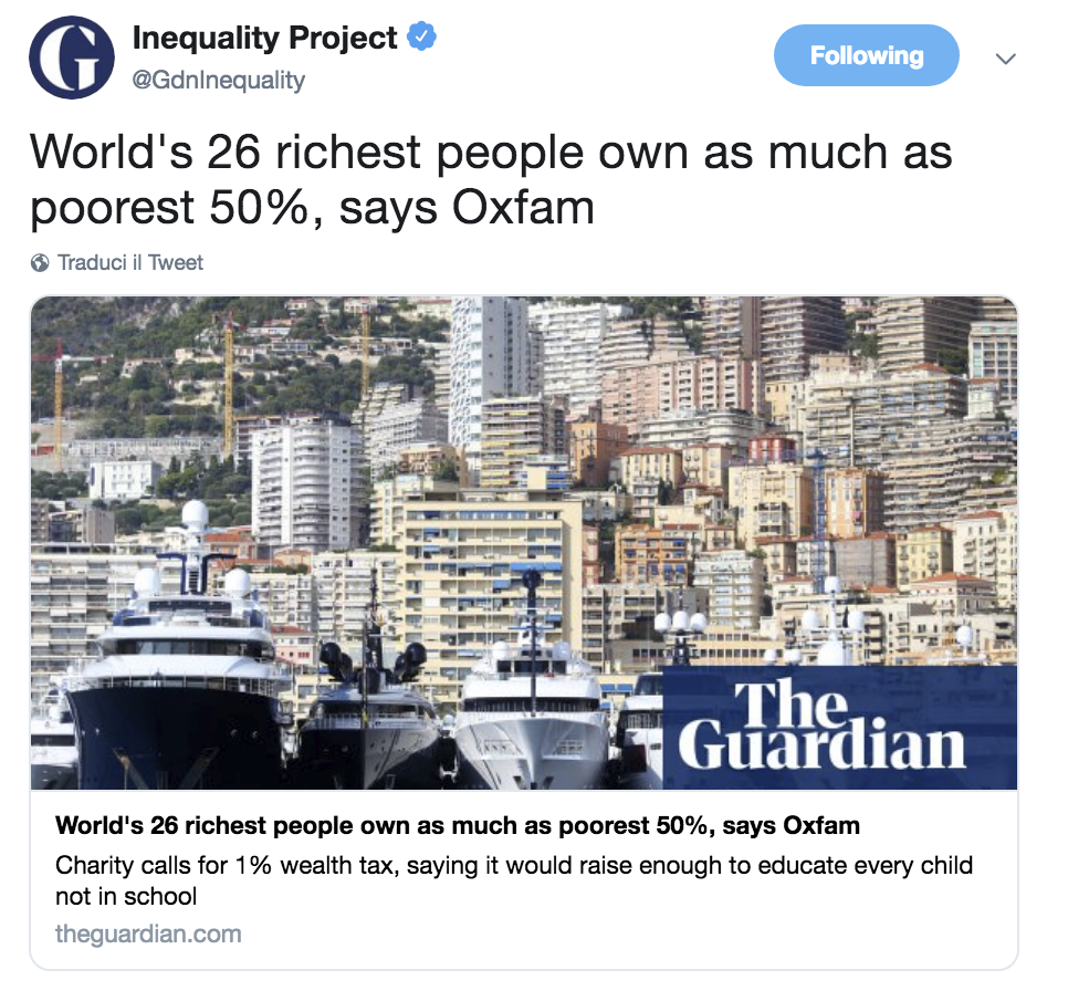 Le 26 persone più ricche del mondo possiedono la stessa quota di ricchezza del 50% più povero, afferma Oxfam.