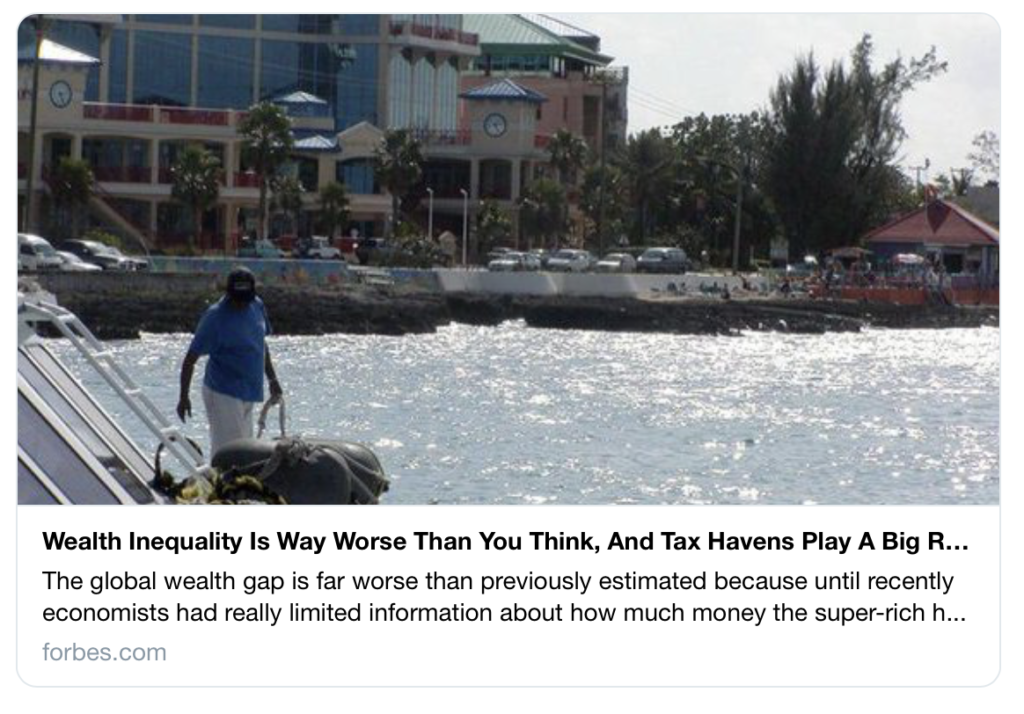 “Le recenti statistiche delle banche centrali di un certo numero di noti paradisi  fiscali suggeriscono che, a livello globale, nei paradisi fiscali si detiene l’equivalente del 10% del PIL mondiale”. Gabriel Zucman, economista della Berkeley