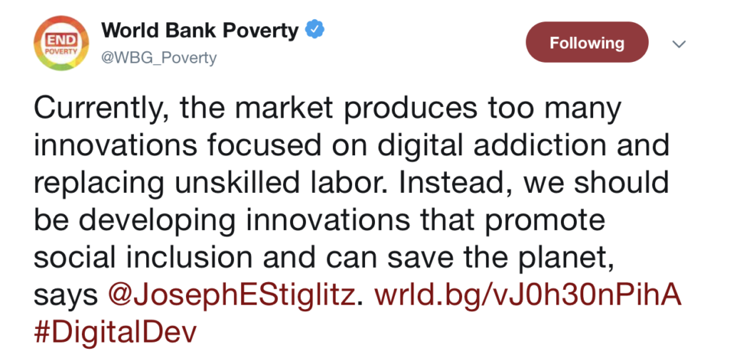 Al momento, il mercato produce troppe innovazioni focalizzate sulla dipendenza digitale e la sostituzione del lavoro non qualificato. Al contrario, dovremmo sviluppare innovazioni che promuovono l’inclusione sociale e possono salvare il pianeta, dice @JosephEStiglitz.