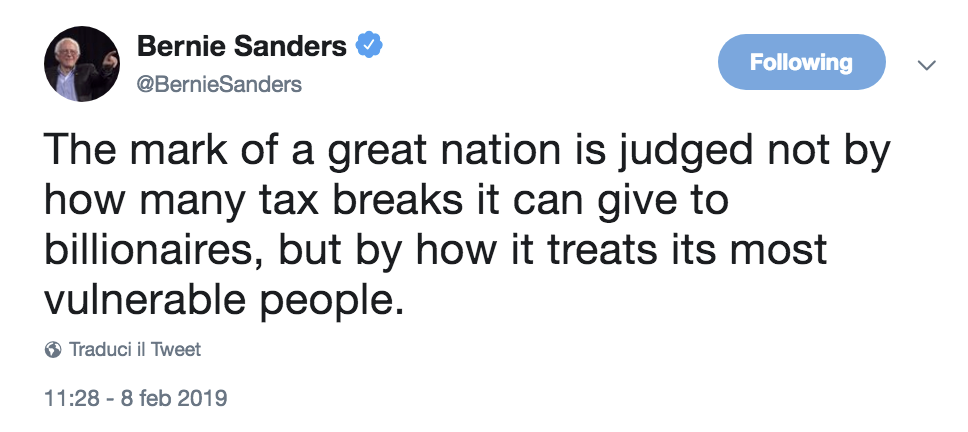 Il segno di una grande nazione è determinato non dal numero di sgravi fiscali che può offrire ai miliardari, ma dal modo in cui tratta le persone più vulnerabili.