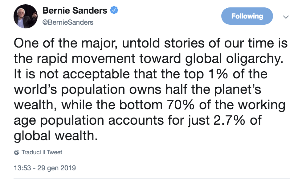 Una delle storie più importanti e non raccontate del nostro tempo è che ci stiamo muovendo velocemente verso l'oligarchia globale. Non è accettabile che l’1% più ricco della popolazione mondiale possieda metà della ricchezza del pianeta, mentre il 70% più povero in età lavorativa conti solo sul 2,7% della ricchezza globale.