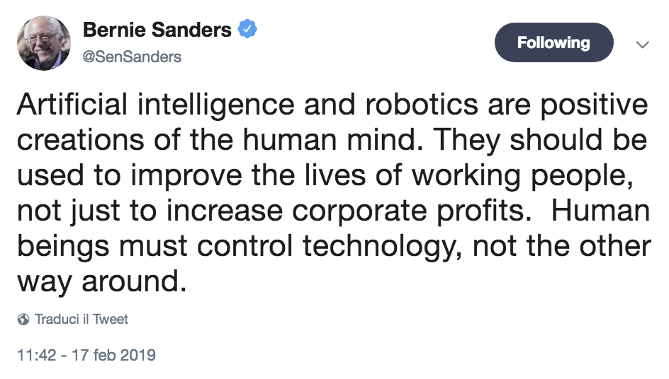 L'intelligenza artificiale e la robotica sono creazioni positive della mente umana. Dovrebbero essere usate per migliorare la vita dei lavoratori, non solo per aumentare i profitti delle imprese. Gli esseri umani devono controllare la tecnologia, non il contrario.