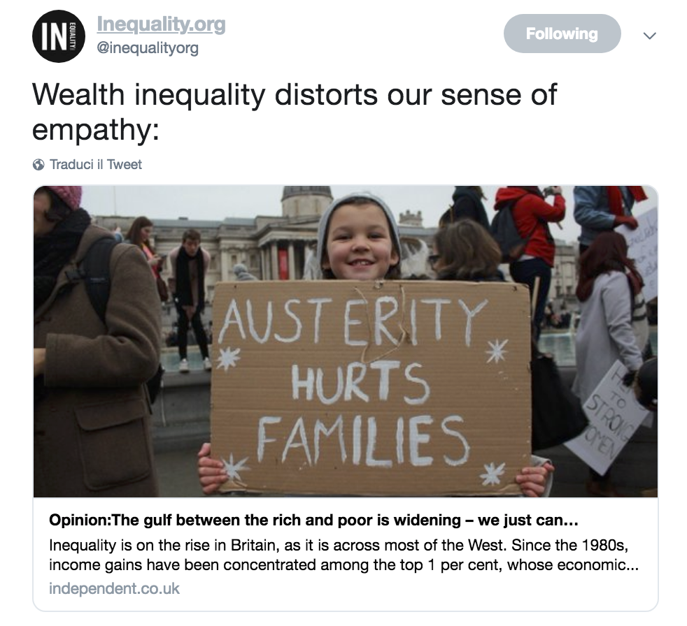 La disuguaglianza di ricchezza alterna la nostra capacità di provare empatia. 