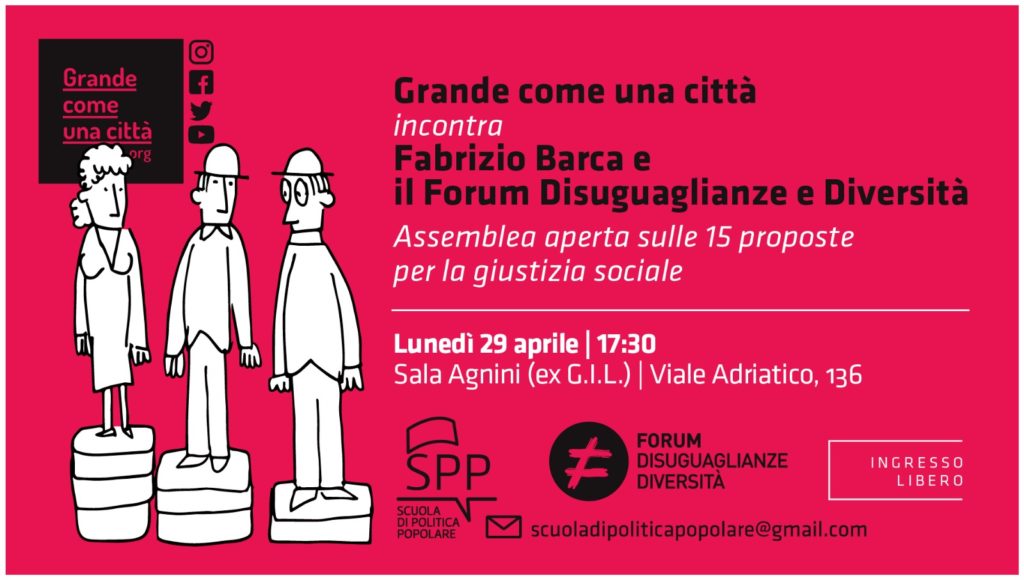 Lunedì 29 aprile 2019 dalle ore 17:30 alle 20:00 presso la Sala Agnini a Roma le 15 proposte per la giustizia sociale verranno presentate in un'assemblea aperta. Interverranno Giovanni Caudo Presidente del #TerzoMunicipio e l'Assessore alla Cultura Christian Raimo.