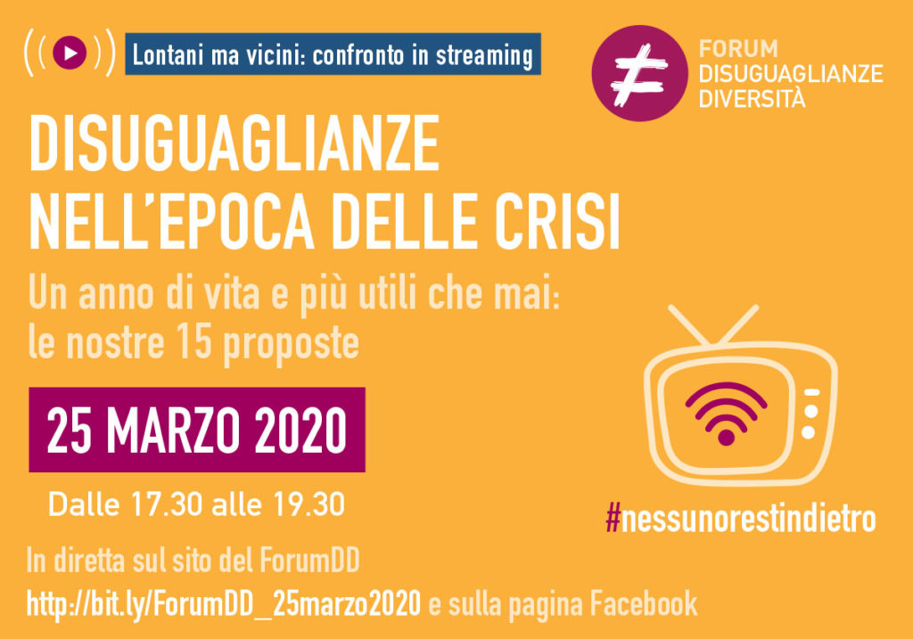 Il 25 marzo alle 17.30, a un anno dalla presentazione del Rapporto “15 proposte per la giustizia sociale”, organizziamo il confronto in streaming “Disuguaglianze nell’epoca delle crisi. Un anno di vita e più utili che mai: le nostre 15 proposte”.