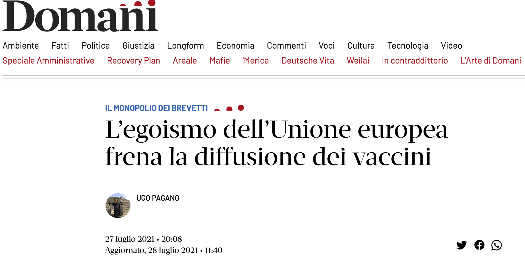 Pagano_Domani_27 luglio Ugo Pagano